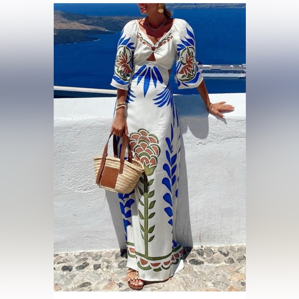Bohemian Floral Maxi Dress - White with Blue & Green Prints